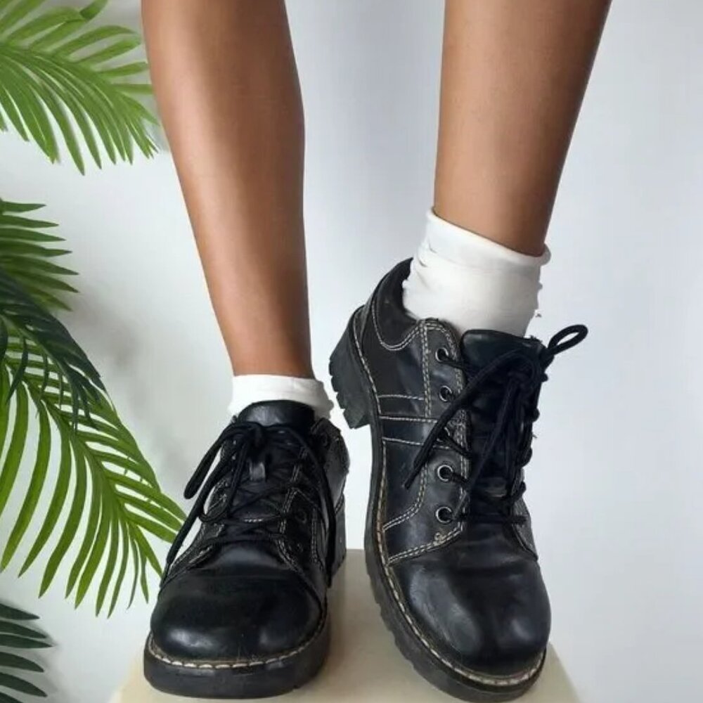 Vintage 90s Grunge Route 66 Black Indie Whimsigoth Chunky Preppy Oxfords Y2K‎ 10